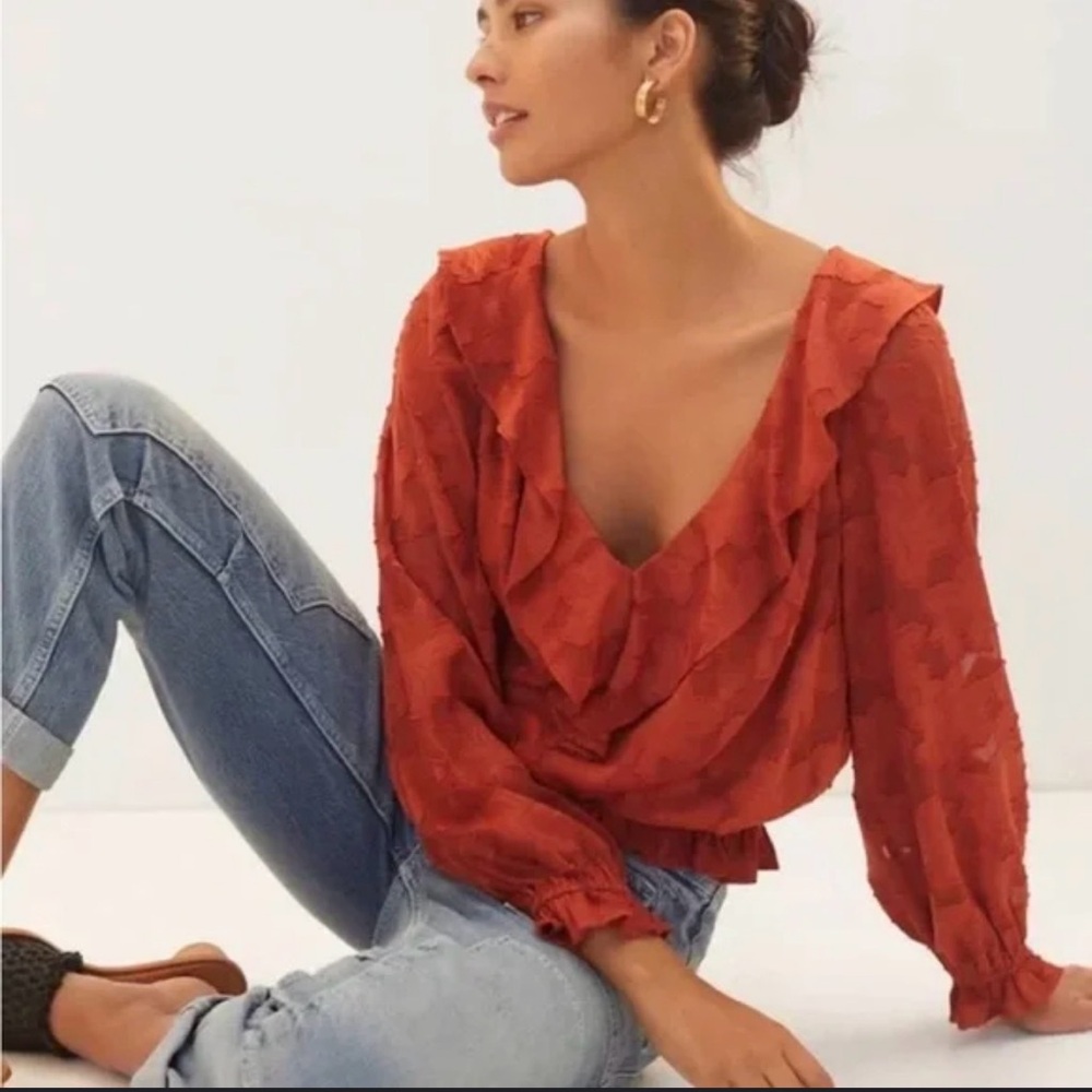 Anthropologie Textured Floral Blouse in a burnt orange or crimson color S